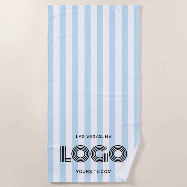 Baby Blue and White Classic Stripe Logo Beach Towel (Front)