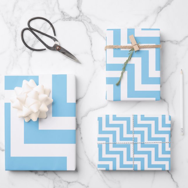 Baby Blue and White Different Sizes Diag. Chevron Wrapping Paper Sheet (Front)