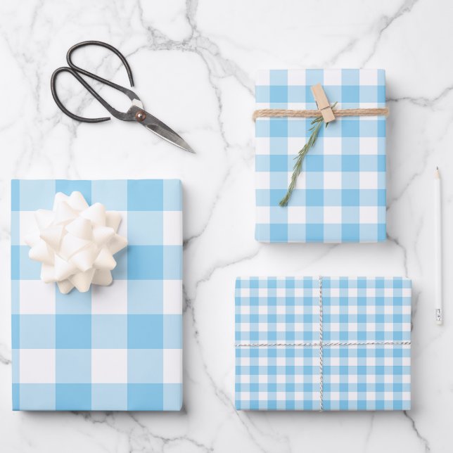 Baby Blue and White Different Sizes Gingham Checks Wrapping Paper Sheet (Front)
