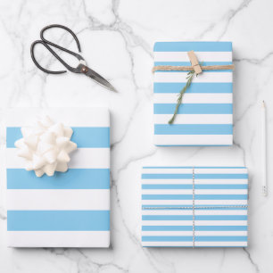 Baby Blue and White Different Sizes Horiz. Stripes Wrapping Paper Sheet