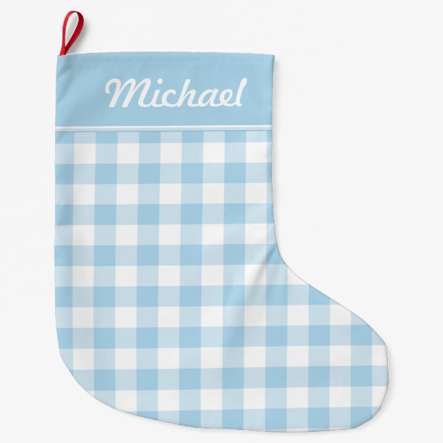 Baby Blue and White Gingham Personalised Large Christmas Stocking (Front)