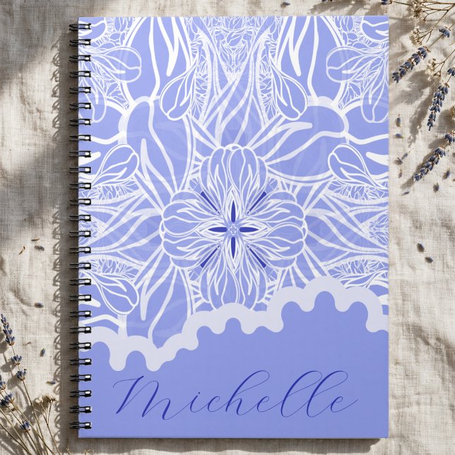 Baby Blue And White Hand Drawn Floral Notebook (Blue flower leaf cream notebook. Michelle name area you can customize. Stylish & personal.)