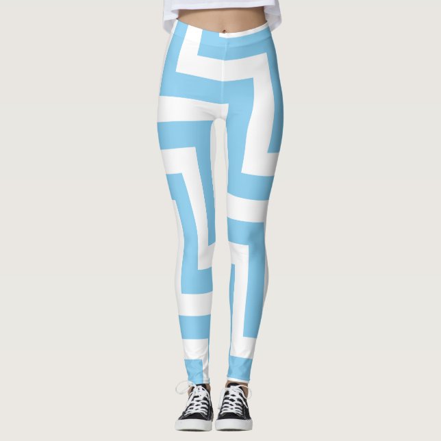 Baby Blue and White Large Size Diag. Chevron Leggings (Front)