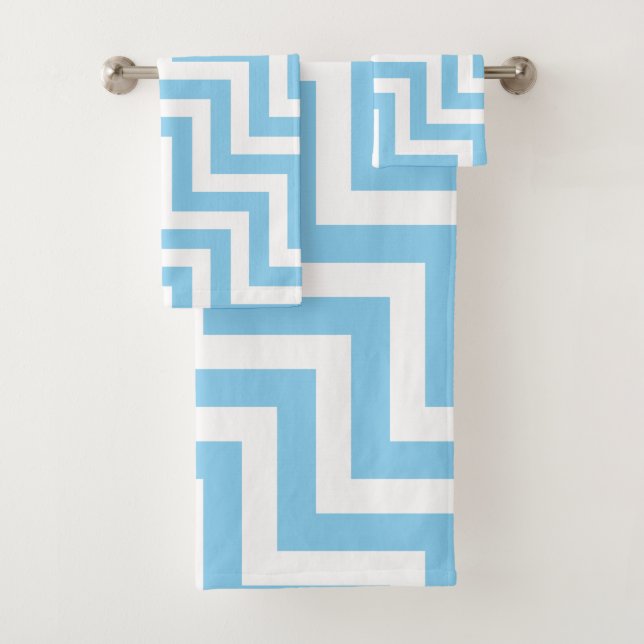 Baby Blue and White Large Size Diagonal Chevron Bath Towel Set (Insitu)