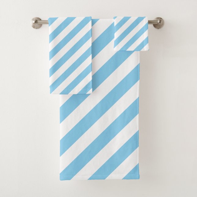 Baby Blue and White Large Size Diagonal Stripes Bath Towel Set (Insitu)