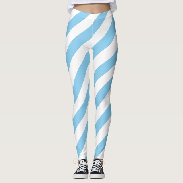 Baby Blue and White Large Size Diagonal Stripes Leggings (Front)