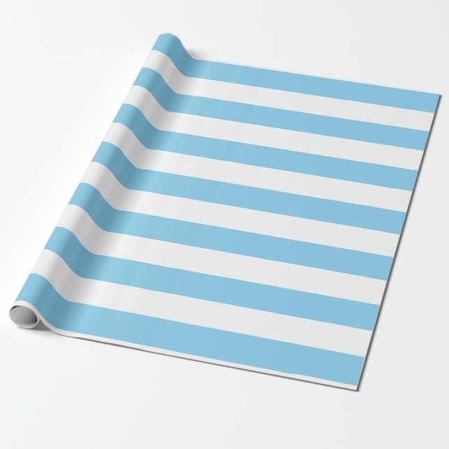 Baby Blue and White Large Size Horizontal Stripes Wrapping Paper (Unrolled)