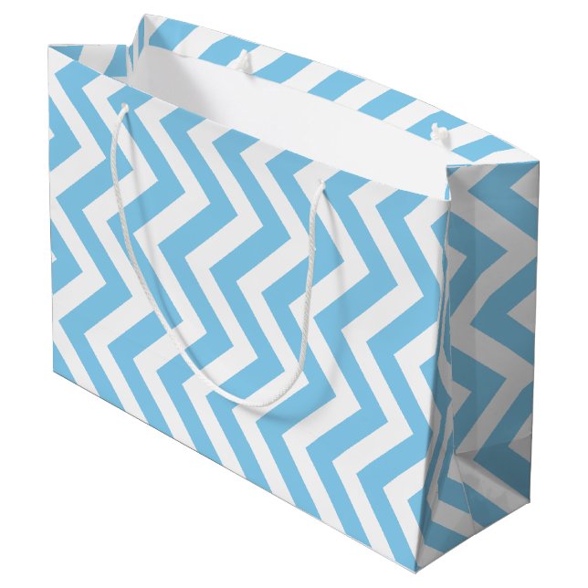 Baby Blue and White Large Size Vertical Chevron Gift Bag (Back Angled)