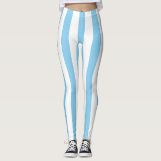 Baby Blue and White Large Size Vertical Stripes Leggings