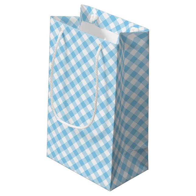 Baby Blue and White Medium Diagonal Gingham Checks Small Gift Bag (Back Angled)