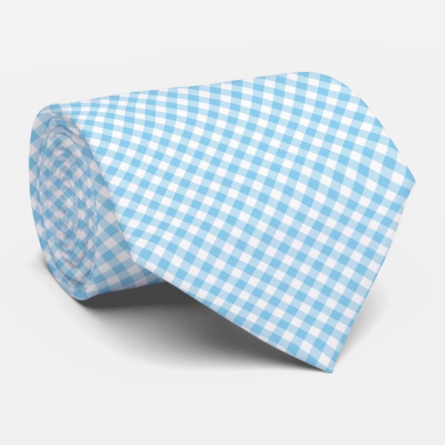 Baby Blue and White Medium Diagonal Gingham Checks Tie (Rolled)