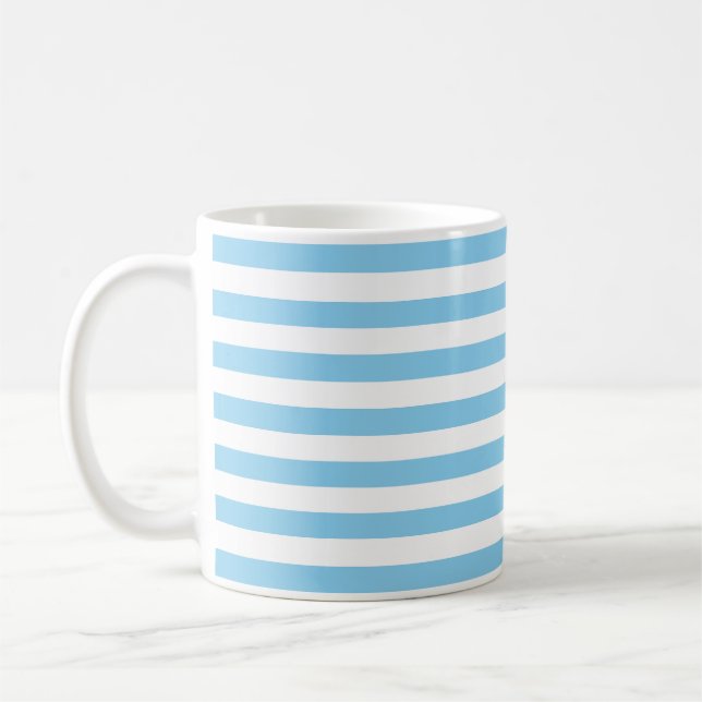 Baby Blue and White Medium Horiz. Stripes Pattern Coffee Mug (Left)