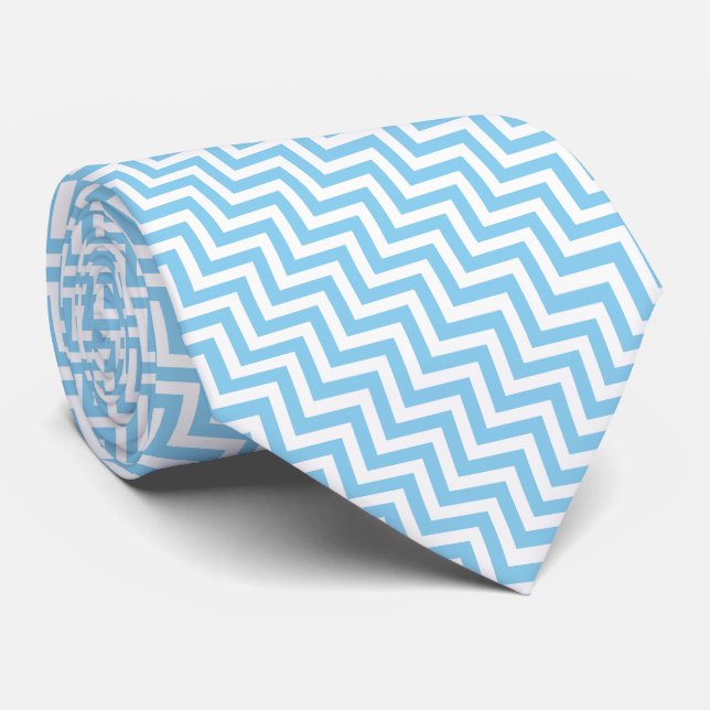 Baby Blue and White Medium Size Diagonal Chevron Tie (Rolled)