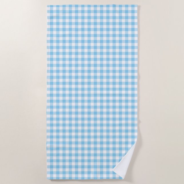 Baby Blue and White Medium Size Gingham Checks Beach Towel (Front)