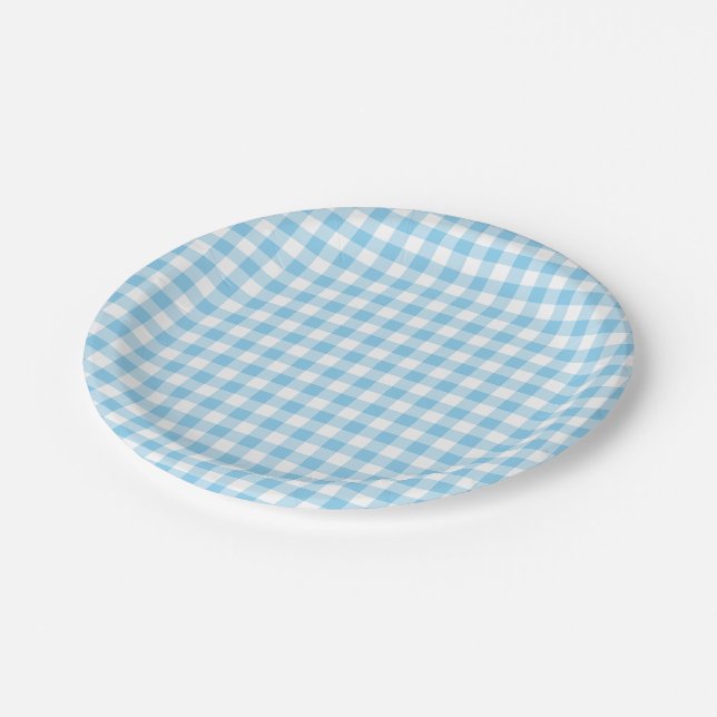 Baby Blue and White Medium Size Gingham Checks Paper Plate (Angled)