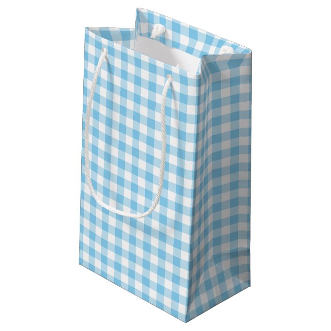 Baby Blue and White Medium Size Gingham Checks Small Gift Bag (Back Angled)