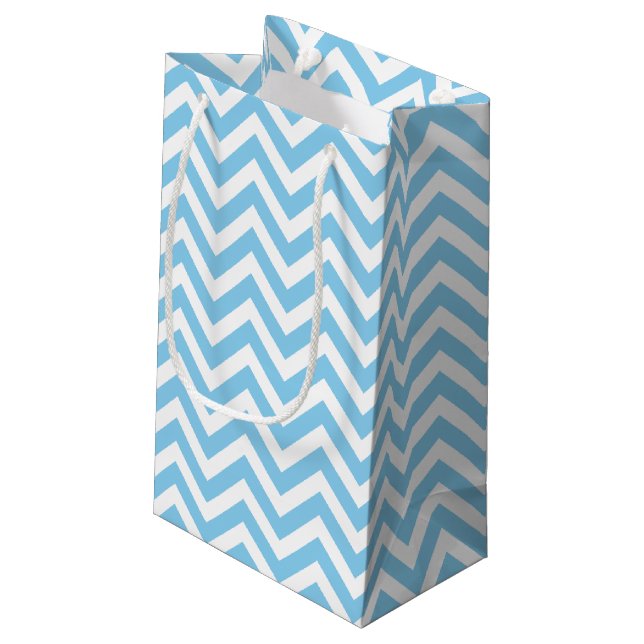 Baby Blue and White Medium Size Horizontal Chevron Small Gift Bag (Back Angled)