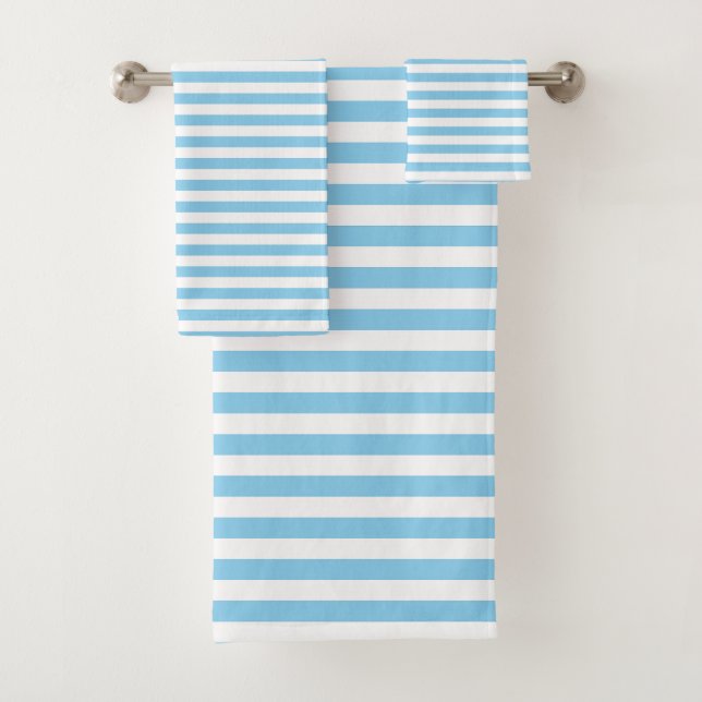Baby Blue and White Medium Size Horizontal Stripes Bath Towel Set (Insitu)
