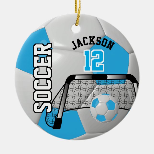 Baby Blue and White Personalise Soccer Ball Ceramic Tree Decoration (Front)