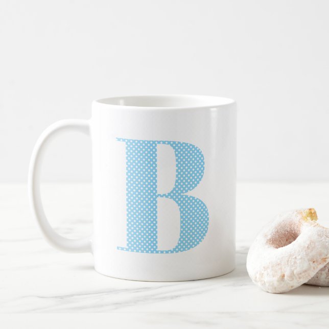 Baby Blue and White Polka Dot Monogram Coffee Mug (With Donut)