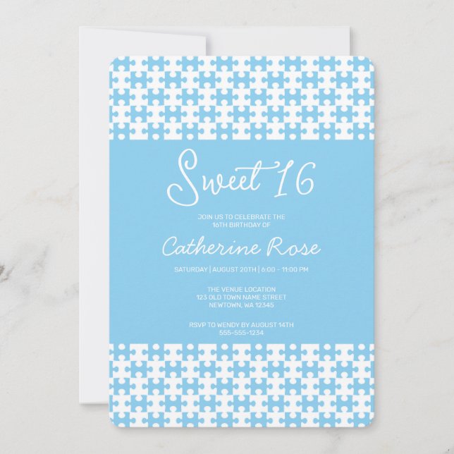 Baby Blue And White Puzzle Chequered Sweet 16 Invitation (Front)