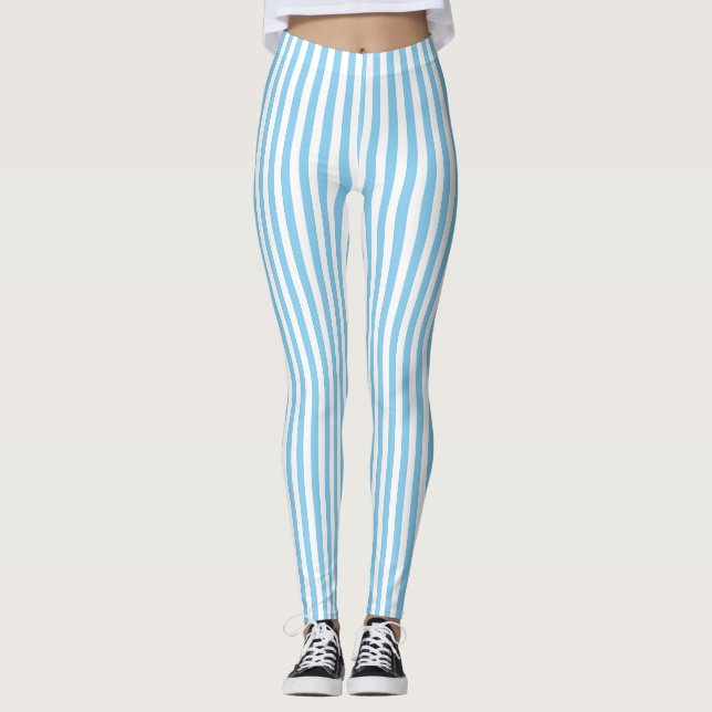 Baby Blue and White Small Size Vertical Stripes Leggings (Front)