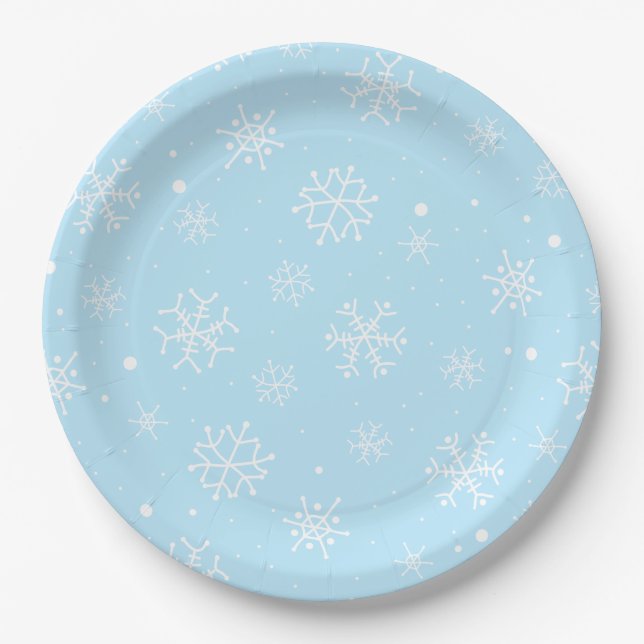 Baby Blue and White Snowflakes Paper Plate (Front)