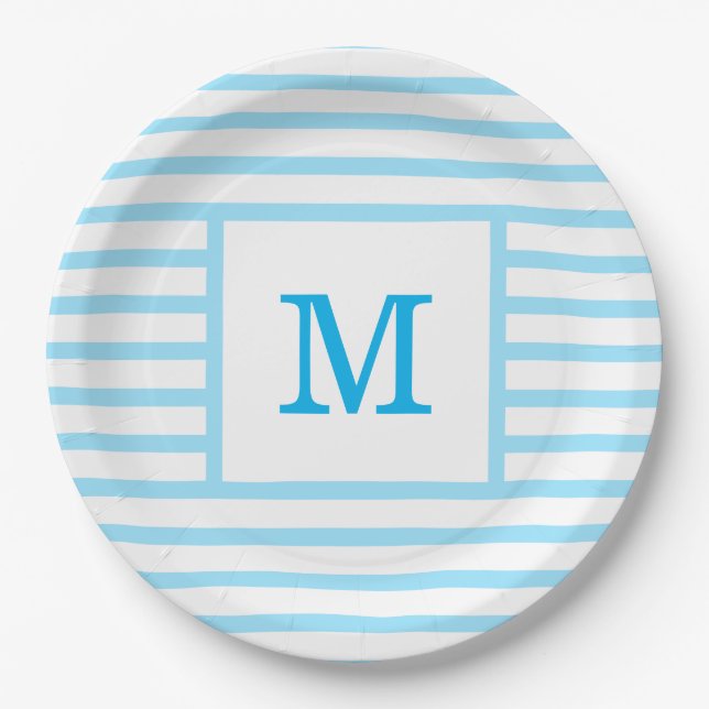 Baby Blue and White Stripes Custom Monogram Paper Plate (Front)