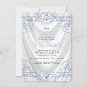 Baby Blue Baptism Christening White Satin Invitation