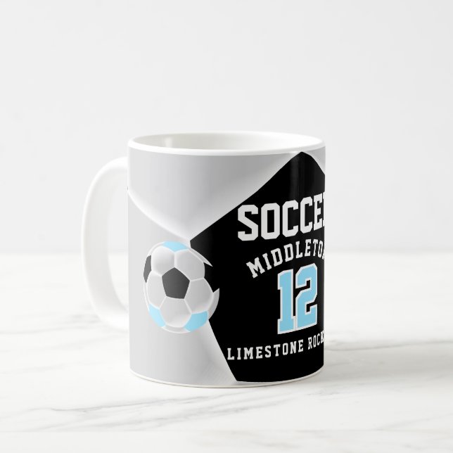 Baby Blue, Black and White ⚽ Soccer Sport Coffee Mug (Front Left)