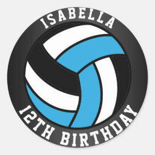 Baby Blue, Black and White Volleyball Birthday Classic Round Sticker