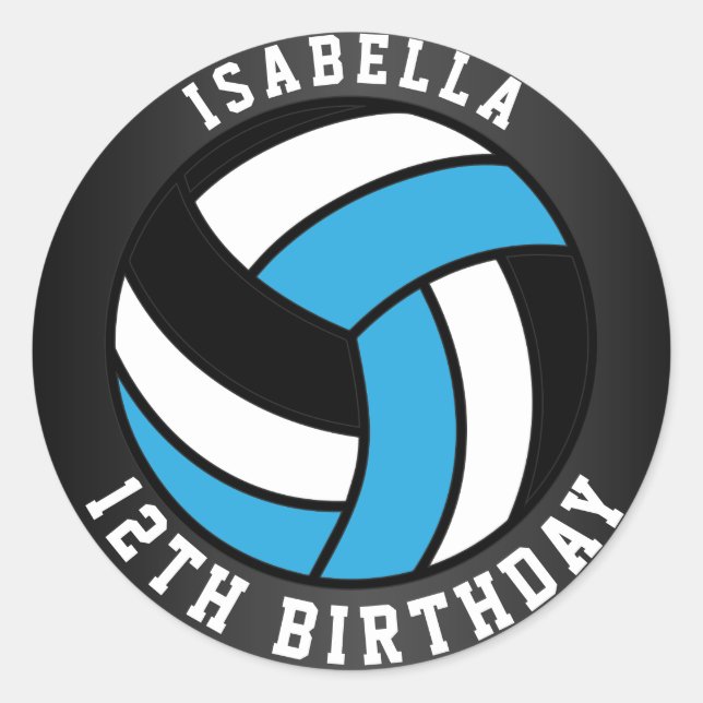 Baby Blue, Black and White Volleyball Birthday Classic Round Sticker (Front)