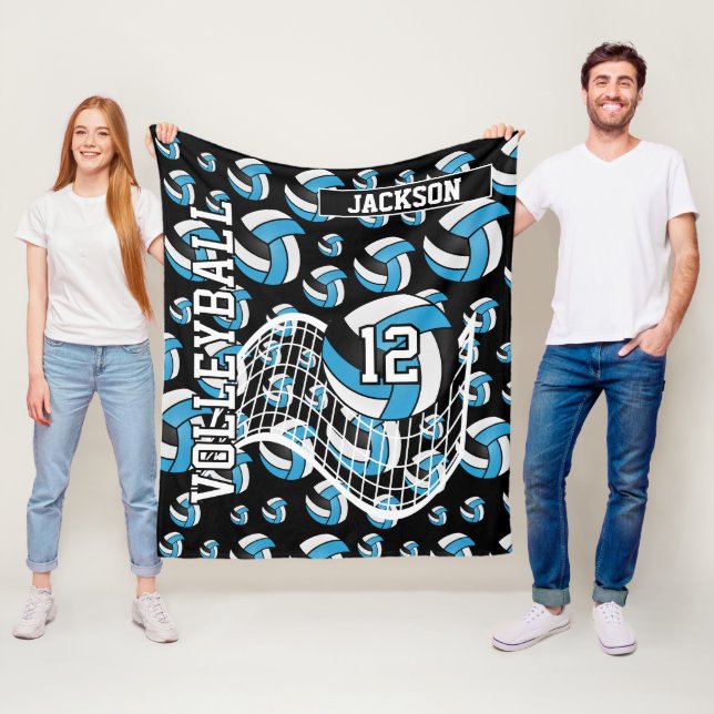 Baby Blue, Black and White Volleyball Pattern Fleece Blanket (In Situ)