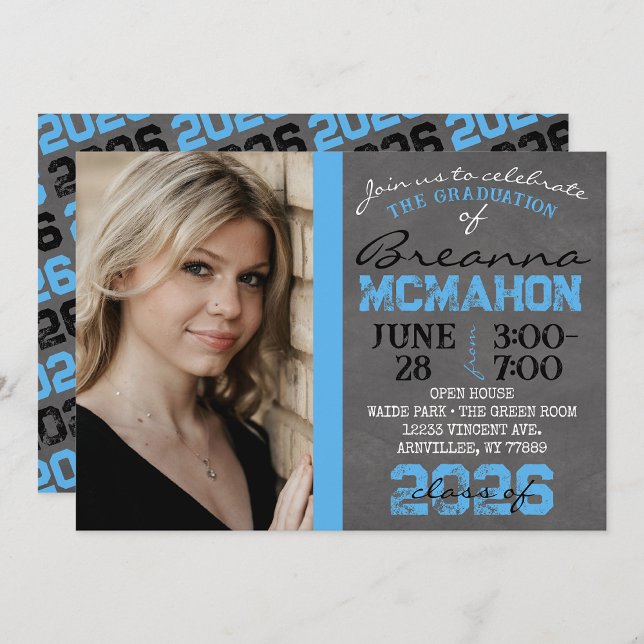 Baby Blue & Black Chalkboard Graduation Invitation (Repeating Class Year Chalkboard Graduation Photo Invite)