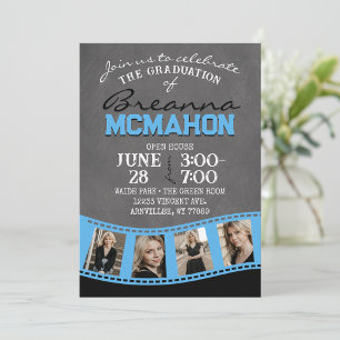 Baby Blue & Black Chalkboard Photo Filmstrip Grad Invitation
