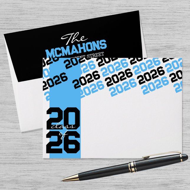 Baby Blue & Black Class of + Return Address Grad Envelope (Matching Envelopes, Return Address Labels & Envelope Seals)