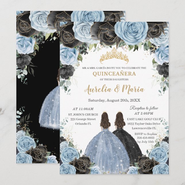 Baby Blue Black Floral Twins Gold Quinceañera XV Invitation (Front/Back)