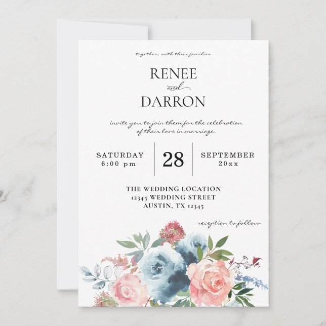 Baby Blue & Blush Pink Floral Wedding Invitation (Front)