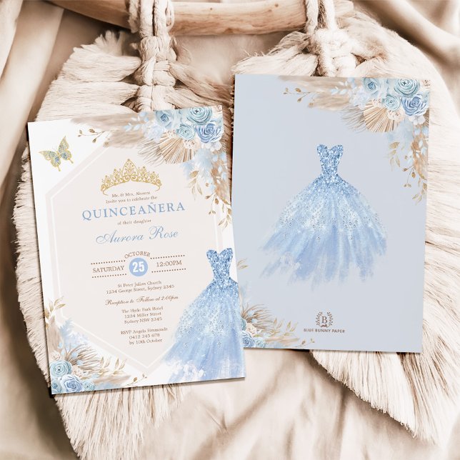 Baby Blue Boho Floral Quinceañera 15th Birthday Invitation (Creator Uploaded)