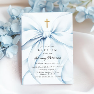 Baby Blue Bow Baptism Invitation