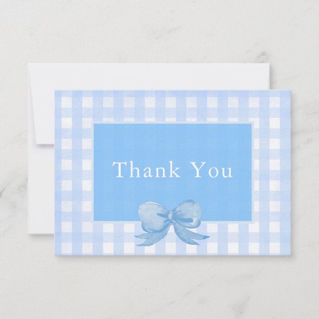 Baby Blue Bow Gingham Thank You Card (Front)