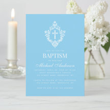 Baby Blue Boy Baptism Cross Crest Elegant Vintage