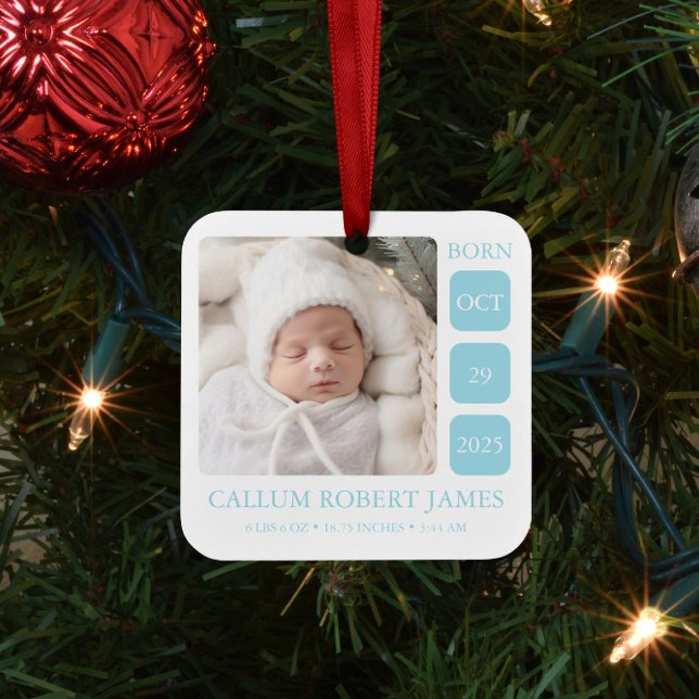 Baby Blue Boy Birth Stats Ornament with Photo (Creator Uploaded)