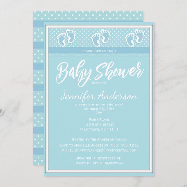 Baby Blue Boy Footprint Baby Shower Invitation (Front/Back)