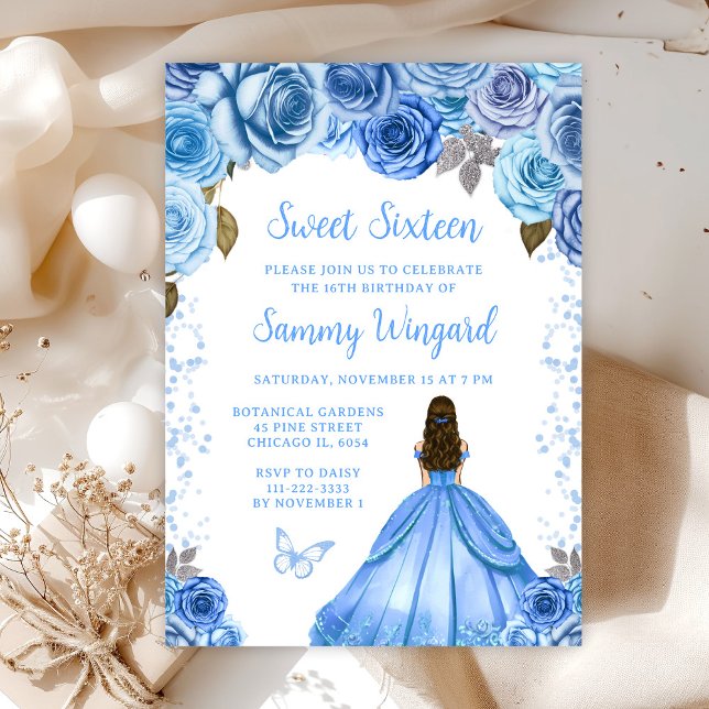 Baby Blue Brown Hair Princess Sweet Sixteen Invitation (Creator Uploaded)