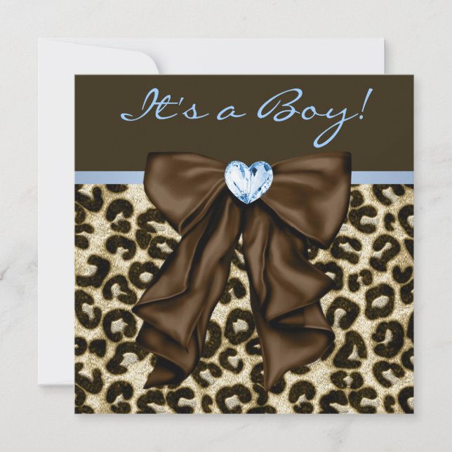 Baby Blue Brown Leopard Baby Boy Shower Invitation (Front)