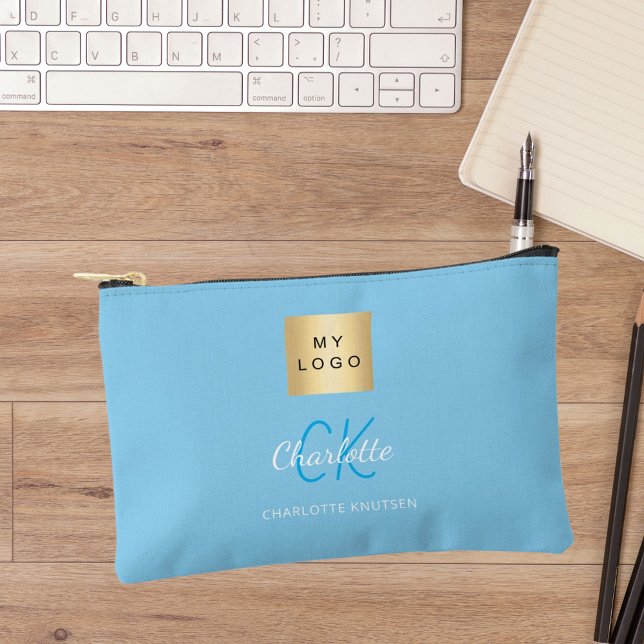 Baby blue business logo name monogram accessory pouch (Creator Uploaded)