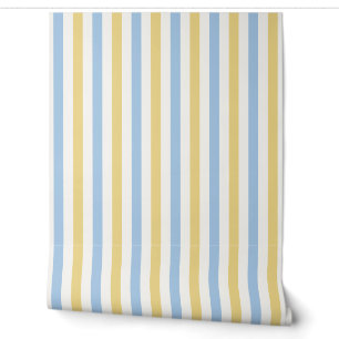 Baby Blue, Butter Yellow and White Vertical Stripe Wallpaper