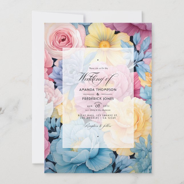 Baby Blue, Buttercream Yellow, Pastel Pink Wedding Invitation (Front)