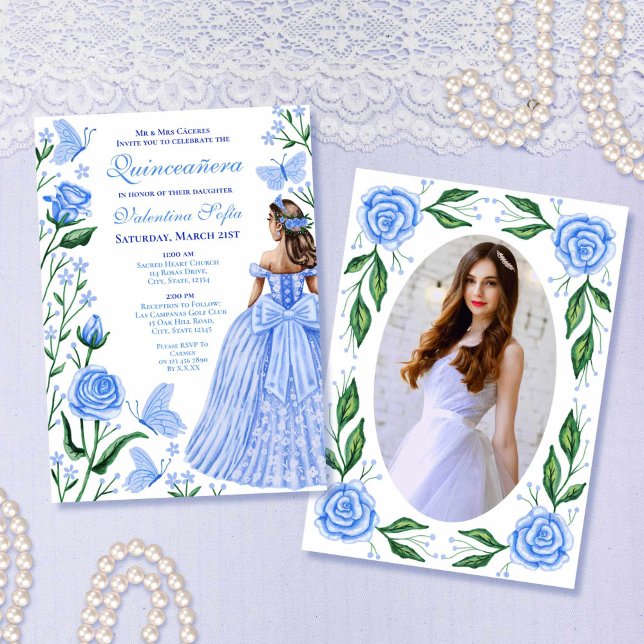 Baby Blue Butterflies Princess Photo Quinceanera Invitation (Baby Blue Butterflies Princess Photo Quinceanera Invitation)